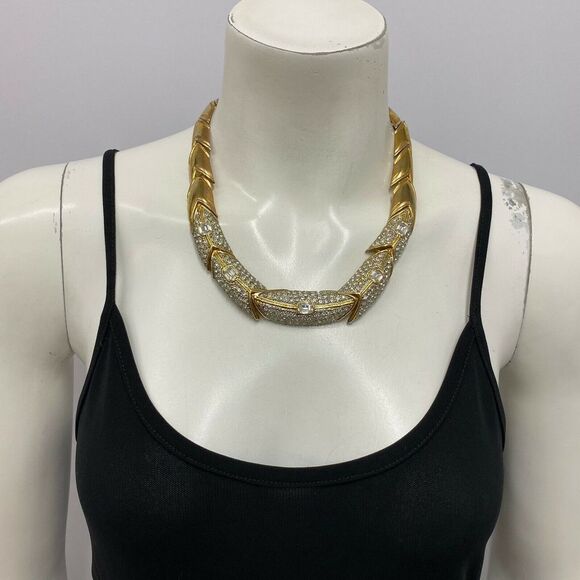 Vintage Gold Tone Metal Rhinestone Necklace by KJ Chunky‎ & Elegant Great Design - Picture 1 of 6